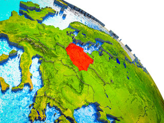 Poland Highlighted on 3D Earth model with water and visible country borders.