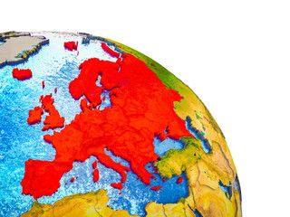 Europe Highlighted on 3D Earth model with water and visible country borders.
