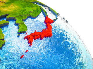 Japan Highlighted on 3D Earth model with water and visible country borders.