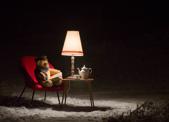 Teddy bear read a book outside in a winter night - surreal scene