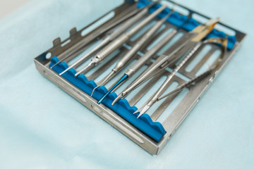 Dental tools closeup in metal tray