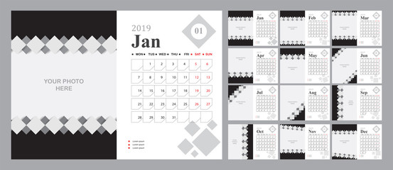 Elegant Calendar 2019 week start on Sunday corporate design planner template. Business template. Vector Illustration. A5 size