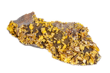 Macro mineral stone yellow Wulfenite on a white background