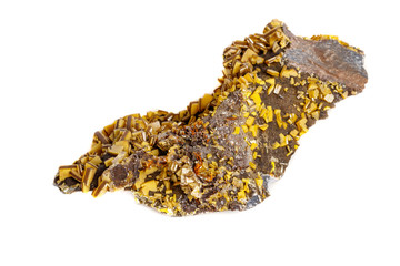 Macro mineral stone yellow Wulfenite on a white background