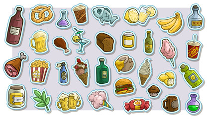 Cartoon fast food and drinks vector icon stickers