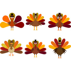 Vector set of a six colorful thanksgiving turkeys