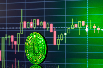Bitcoin coin on the background graphics close-up