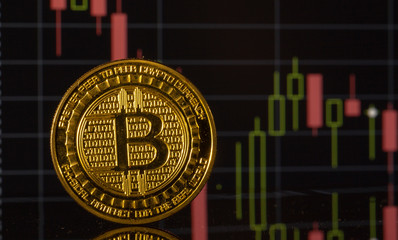 Bitcoin coin on the background graphics close-up