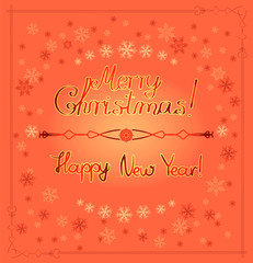 New Year or Christmas congratulatory banner with the inscription with snowflakes in warm red colors. Square.