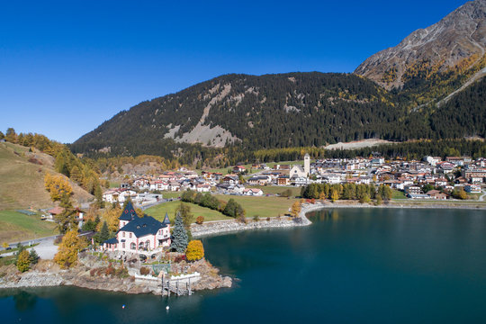 Alpine village in Trentino. Little village of Resia, South Tyrol. Aerial photo