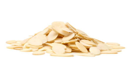 Sliced almonds pile from top view isolated on white background