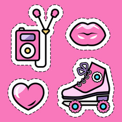 pink roller skates, music ipod, kissing lips, love heart flat sticker set, isolated flat vector illustration eps10