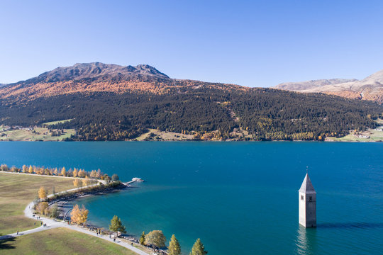 Lake of Resia, Church tower, South Tyrol. Trentino.