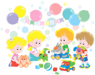Obraz na płótnie Canvas Small children playing colorful soft toys in their playroom, vector illustration in a cartoon style
