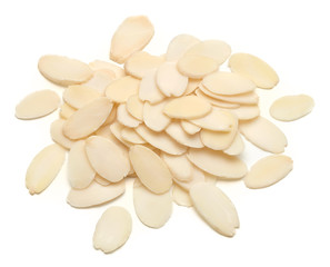 Sliced almonds pile from top view isolated on white background
