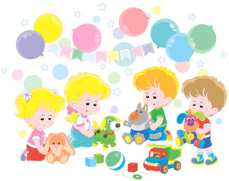 Small children playing colorful soft toys in their playroom, vector illustration in a cartoon style