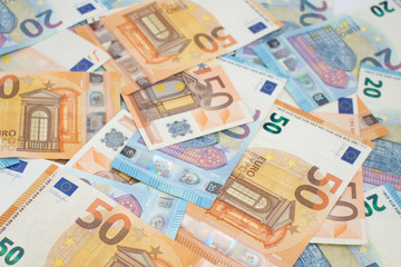 Close up of euro banknotes. Background of European Union currency