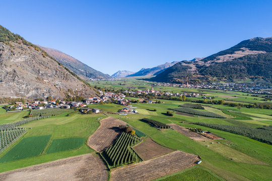 Venosta valley in South Tyrol, aerial view.