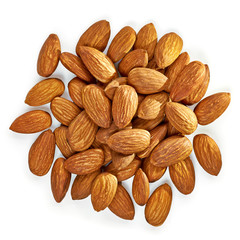 Almonds pile from top view isolated on white background
