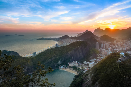 Aerial view of Rio de Janeiro Coast with Copacabana and Praia Vermelha beach at sunset - Rio de Janeiro, Brazil