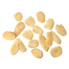 Sliced almonds pile from top view isolated on white background