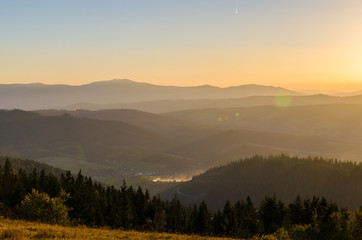 Sunset in the Carpathian Mountains in the autumn season