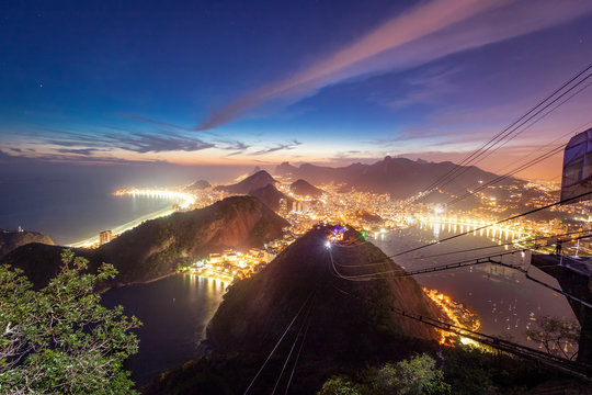 Aerial view of Rio de Janeiro Coast with Copacabana, Praia Vermelha beach, Urca and Corcovado mountain at night - Rio de Janeiro, Brazil