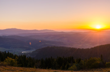 Sunset in the Carpathian Mountains in the autumn season
