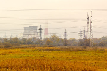 power station and transmission lines, dramatic view