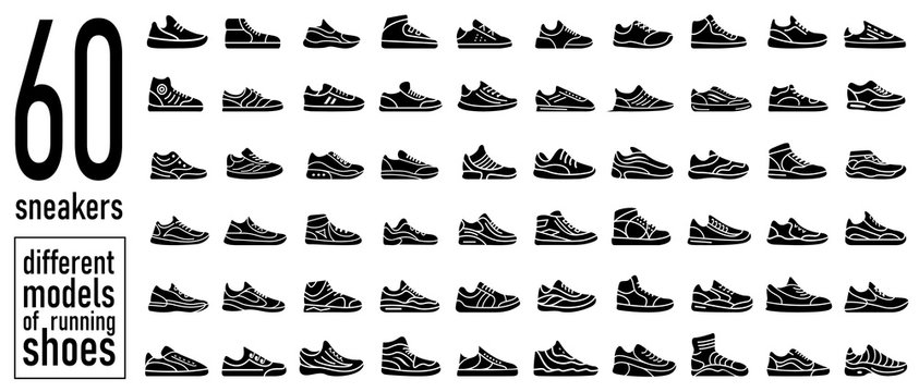 60 sneaker running shoes icons set. Simple style