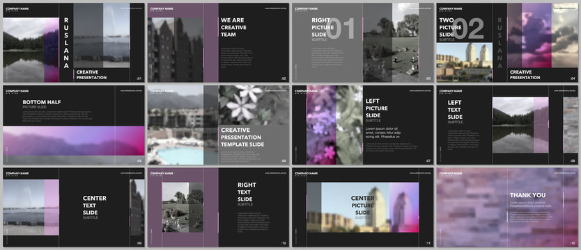 Travel concept presentations design, portfolio vector templates with graphic elements on black. Multipurpose template for presentation slide, flyer leaflet, brochure cover, report, advertising.