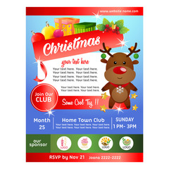 colorful christmas party poster with reindeer present box