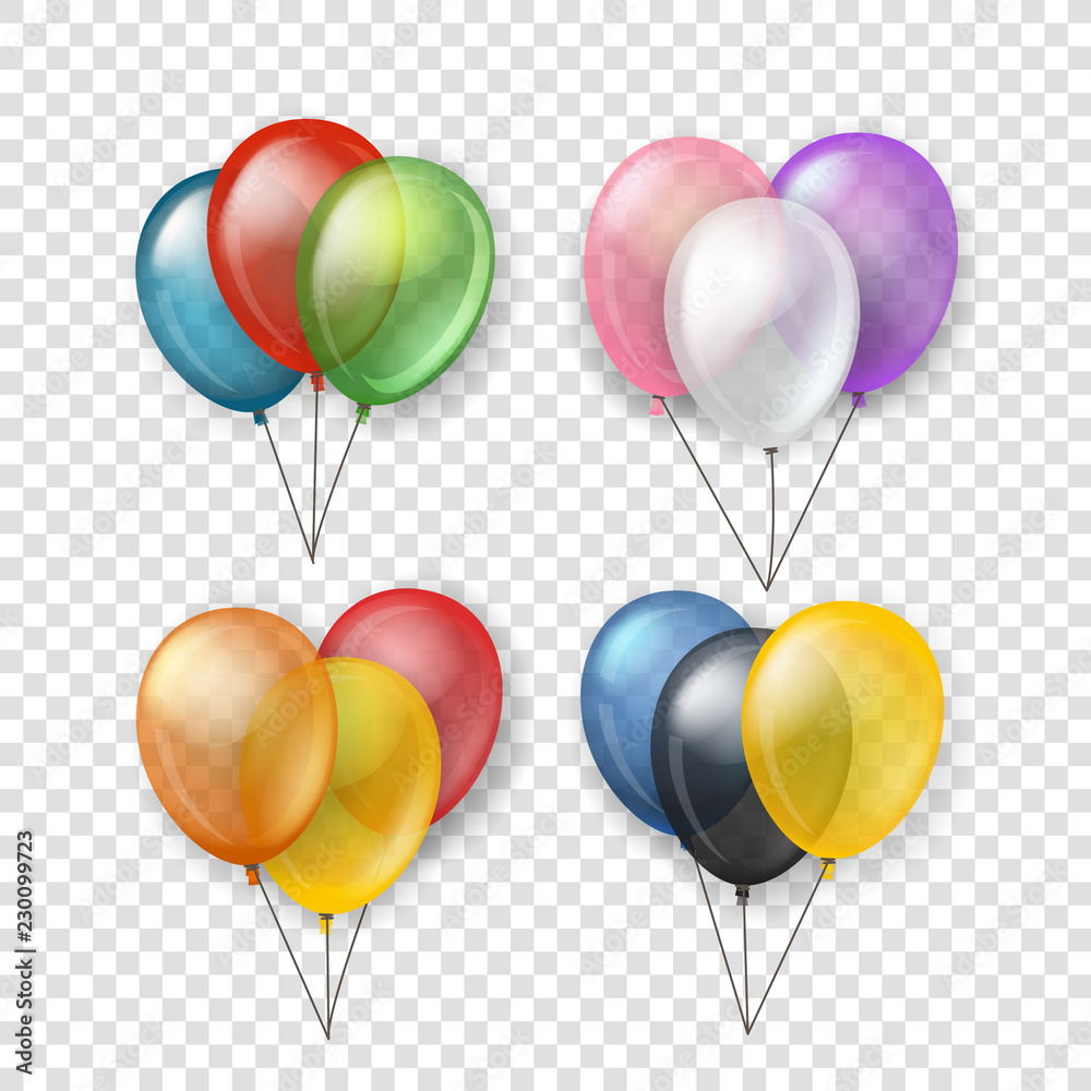 Poster different color flying balloon groups. vector clipart isolated on transparent background