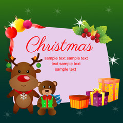 Fototapeta premium colorful happy christmas frame with cartoon reindeer