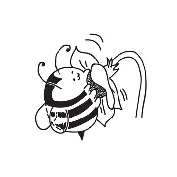 Cute little Bumblebee ink hand drawn sketch vector illustration. Fat bumblebee hanging on to the flower. Bee icon. Print art sketch bees. Bee sign isolated on white back