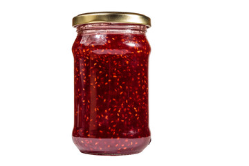 Raspberry jam in glass jar isolated on white background