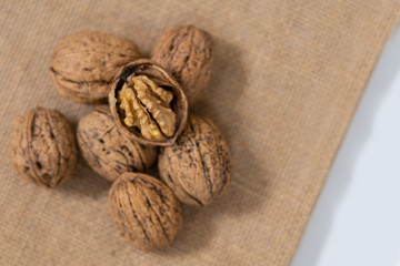 walnut on a burlap sack