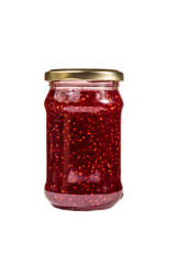 Raspberry jam in glass jar isolated on white background