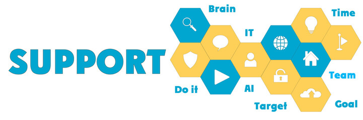 SUPPORT Panoramic Hi tech banner with hexagons icons and tags