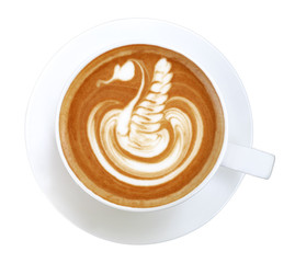 Top view of hot coffee cappuccino latte art swan shape isolated on white background, clipping path included