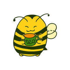 Colorful Cute little Bumblebee ink hand drawn sketch vector illustration. Happy fat bumblebee with a Cup of tea. Bee icon. Print art sketch bees. Bee sign isolated on white background illustration