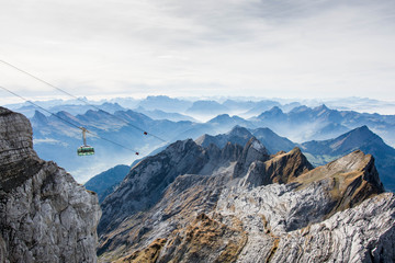 scenic landscape view from säntis in the swiss alps alpstein mountains panorama with cable car in...