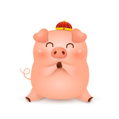 Fototapeta premium Cute cartoon Little Pig character design with traditional Chinese red hat greeting isolated on white background. 