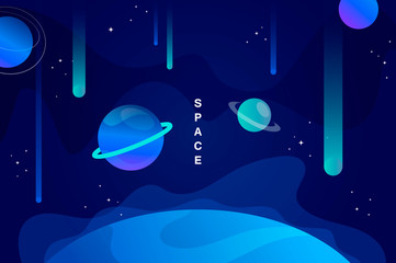 blue horizontal space background with abstract shape and planets. falling asteroids. Web design. vector illustration. - obrazy, fototapety, plakaty