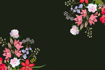 Horizontal template for greeting or invitation card with two luxury bouquets of garden flowers isolated on black background in vector.