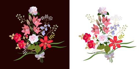 Two beautiful bouquets of garden flowers isolated on black and white backgrounds. Luxury collection in vector.