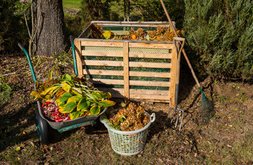 Image of compost bin in the autumn garden
