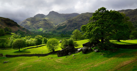 Rain clouds moving through the Langdale Pikes
