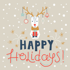 Happy holidays card  templates with hand drawn cute deer, holiday elements and lettering. Christmas card. Vector illustration