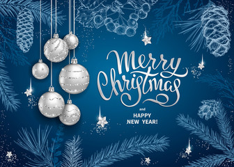 Merry Christmas and Happy New Year card with realistic silver balls, stars, sequins. Sketch of different branches of fir tree, cedar, pine, hawthorn and cones on blue background. Elegant lettering - 230108704